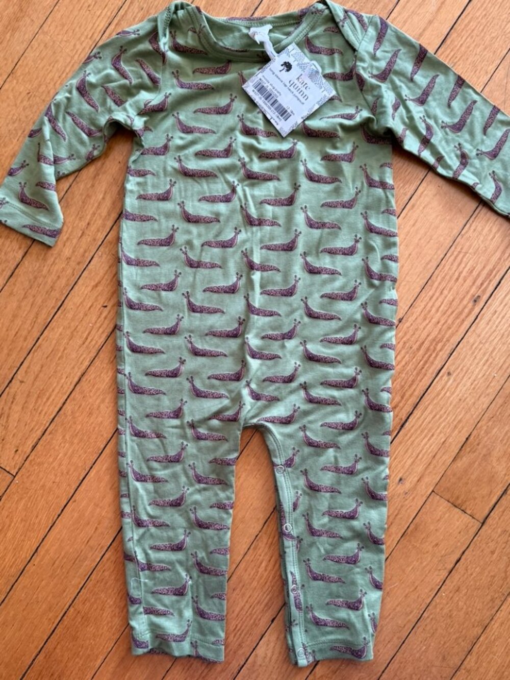 Kate Quinn long sleeve lap neck jumpsuit NWT mossy slug party, bamboo sz12-18m